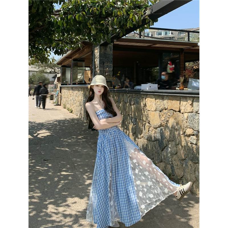 Heavy-Duty Suspender Dress, Long Skirt, New Design, Plaid A-Line, Slimming, 2026 Lace Splicing, Summer Women's Fashion
