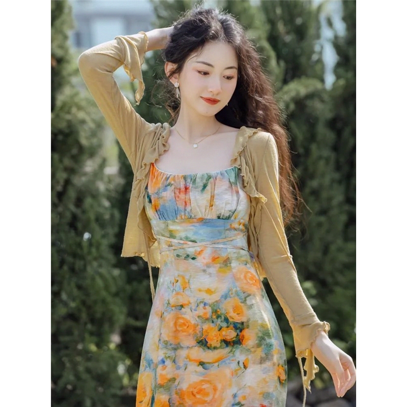Retro Oil Painting Suspender Cardigan and Skirt Two-Piece Set 2026 Spring and Summer New Women's French Print Dress Retro Oil Painting Suspender Cardigan and Skirt Two-Piece Set 2026 Spring and Summer New Women's French Print Dress