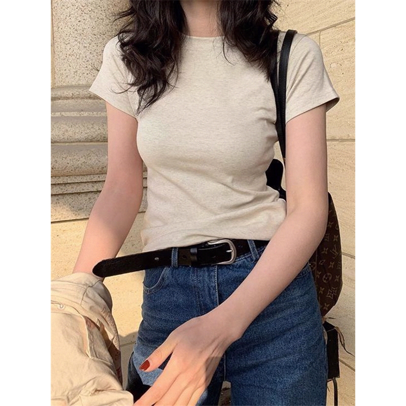 Women's Regular Shoulder T-Shirt with Cotton, Short-Sleeved, Slim Fit, Summer Top, Versatile, Stylish, Basic Shirt, Fashionable and Versatile