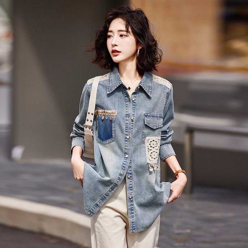 European Fashion Trendy Lace Patchwork Denim Shirt Women's Jacket Spring 2026 Stylish Casual Plus-Size Women's Clothing