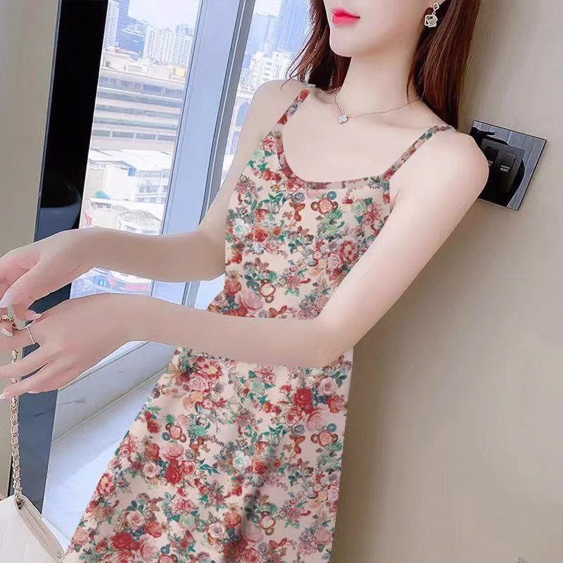 Summer New Style Printed Sleeveless Women's Camisole Dress with Waist-Cinching Long Skirt and Mid-Length Camisole Dress