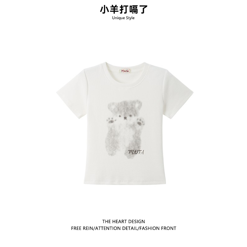 Little Bear Graffiti T-Shirt for Women, Summer New Style, Cute Round Neck, Short Sleeve, Slim Fit, Versatile White Top