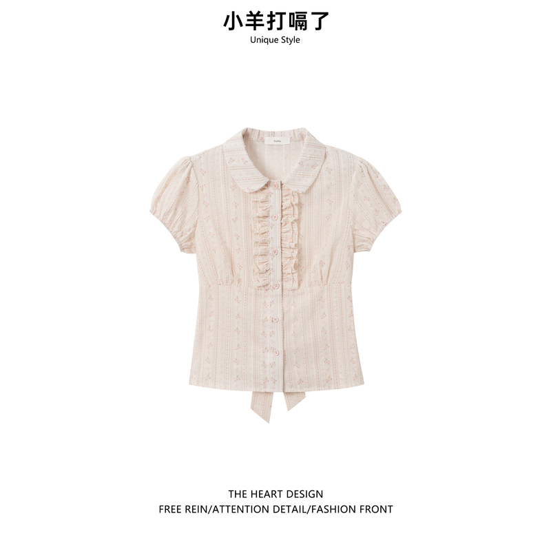 Sweet Floral Doll Collar Puff Sleeve Shirt for Women 2026 Summer New Style Ruffled Tie-Up Blouse Short-Sleeved Top
