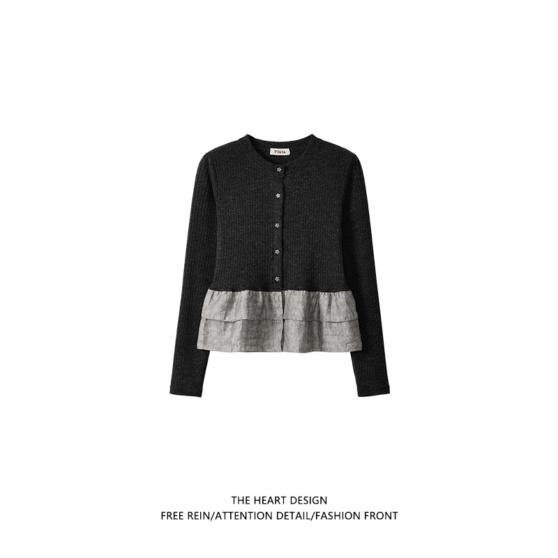 Ruffled Knit Top, Korean Style Short Faux Two-Piece Base Layer, Long-Sleeved Slim-Fit Top for Women, New Autumn 2026 Model