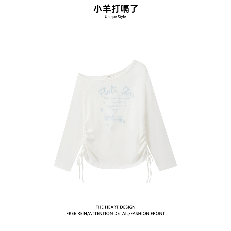2026 Summer New White Asymmetrical Long Sleeve Blouse for Women, Pure Desire Loose T-Shirt, Lazy Style Letter Print Top 2026 Summer New White Asymmetrical Long Sleeve Blouse for Women, Pure Desire Loose T-Shirt, Lazy Style Letter Print Top