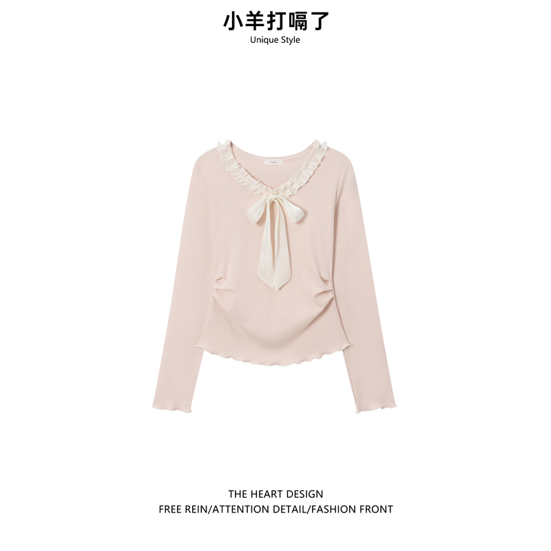 2026 Early Autumn New Style Pink Slim Fit Long Sleeve T-Shirt for Women with Ruffled V-Neck and Tie-Up Short Top 2026 Early Autumn New Style Pink Slim Fit Long Sleeve T-Shirt for Women with Ruffled V-Neck and Tie-Up Short Top