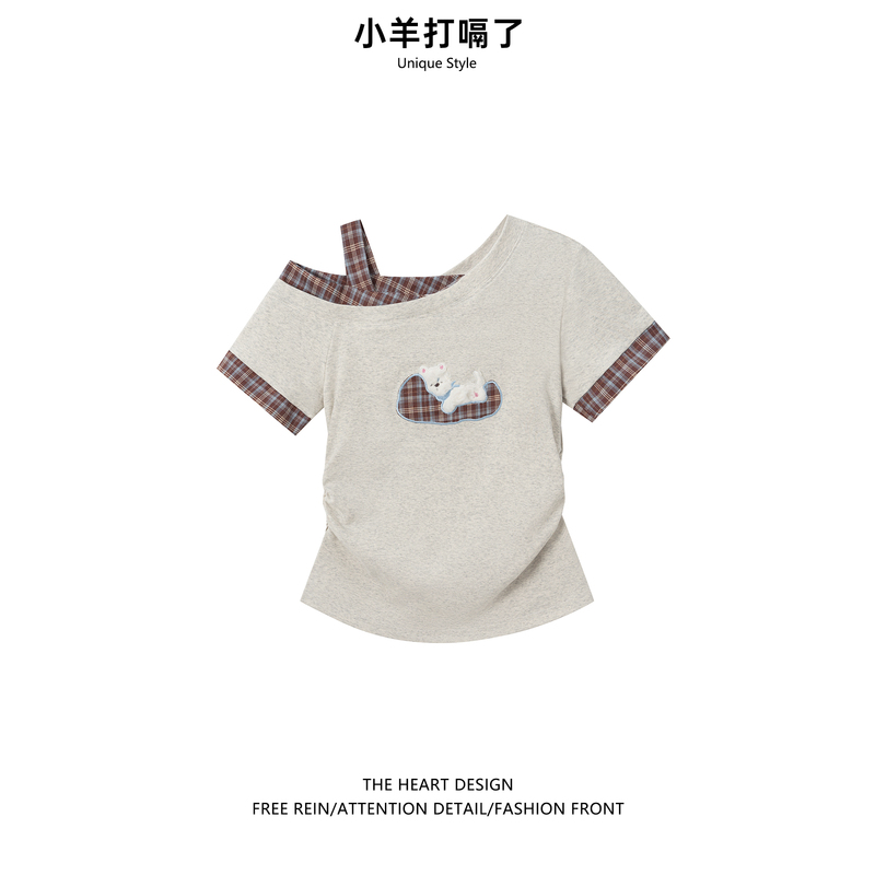 2026 New Cute Bear Embroidered Short-Sleeved Women's Summer Plaid Design Off-Shoulder T-Shirt with Waist-Cinching Slimming Effect 2026 New Cute Bear Embroidered Short-Sleeved Women's Summer Plaid Design Off-Shoulder T-Shirt with Waist-Cinching Slimming Effect
