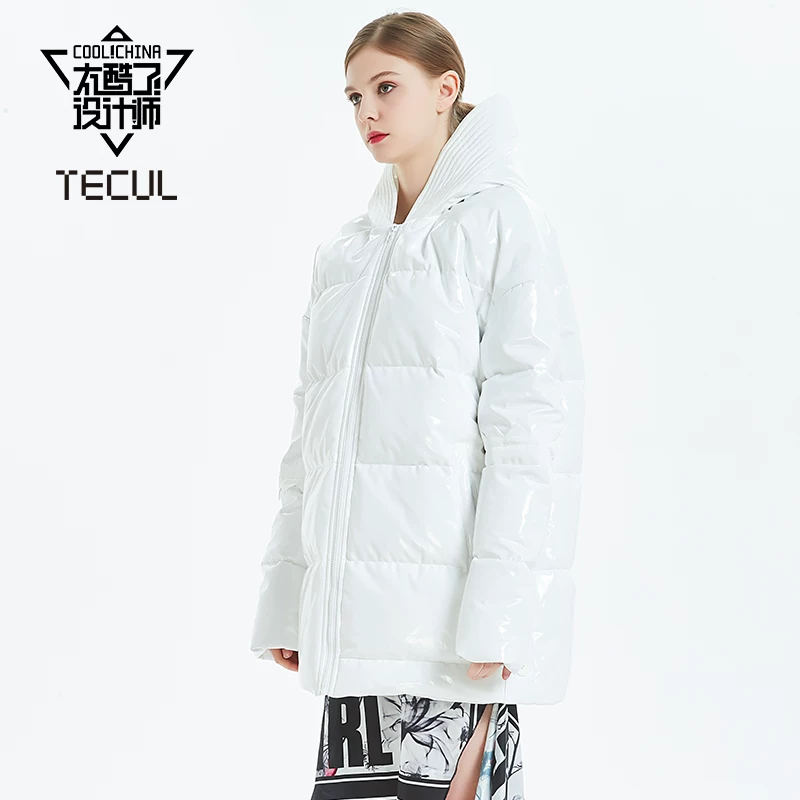 TECUL новый стильный дизайнерский куртка-пуховик белый утка пух бренда niche женское блестящее лаковые кожаные Down jacket