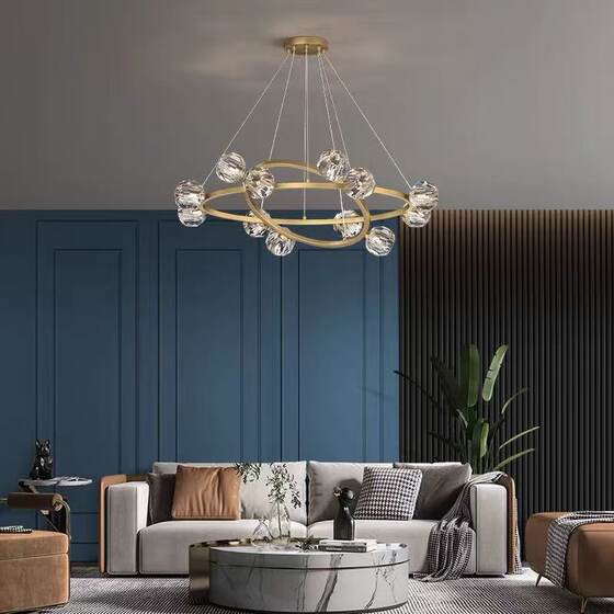 Modern Minimalist All-Copper Light Luxury Living Room Chandelier with Round Crystal Ball, Nordic High-End Trendy Bedroom and Dining Room Lighting