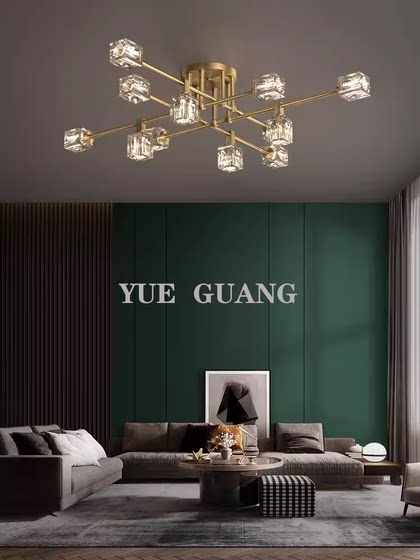 2024 Model Light Luxury All-Copper Crystal Living Room Lamp, Simple Modern Home Dining Room Lamp, Nordic Semi-Hanging Lamp, Bedroom Lighting