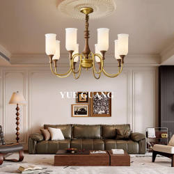 Retro American-Style All-Copper Living Room Chandelier, French-Style Vintage Bedroom Main Light, North American Walnut Wood Dining Room Lighting