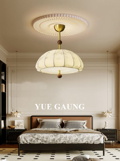 All-Copper American-Style Vintage Bedroom Pendant Light, New Fabric Art Lamp for Study, Master Bedroom, Dining Room, French Mid-Century Style Solid Wood Lighting Fixture