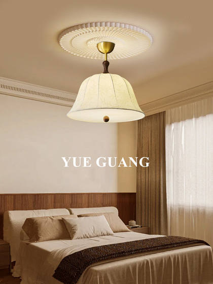 All-Copper American Retro Mid-Century Style Bedroom Chandelier, French Dining Room Lamp, Walnut Wood Fabric Art Study Room Master Bedroom Lighting