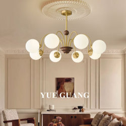 All-Copper American-Style Vintage Living Room Chandelier, French Mid-Century Style Walnut Magic Bean Lighting Fixtures for Bedroom, Study, and Dining Room