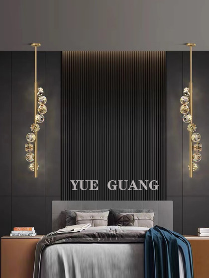 Bedroom Bedside Chandelier, Modern and Simple, All-Copper, Light Luxury, Long Line, Duplex Staircase, Single-Head Background Wall Crystal Small Chandelier