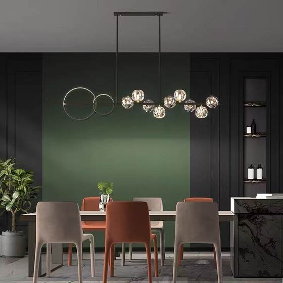 Modern Minimalist All-Copper Dining Room Chandelier, Creative and Unique Crystal Ball Long Strip Light, Light Luxury Dining Table Bar Island Chandelier