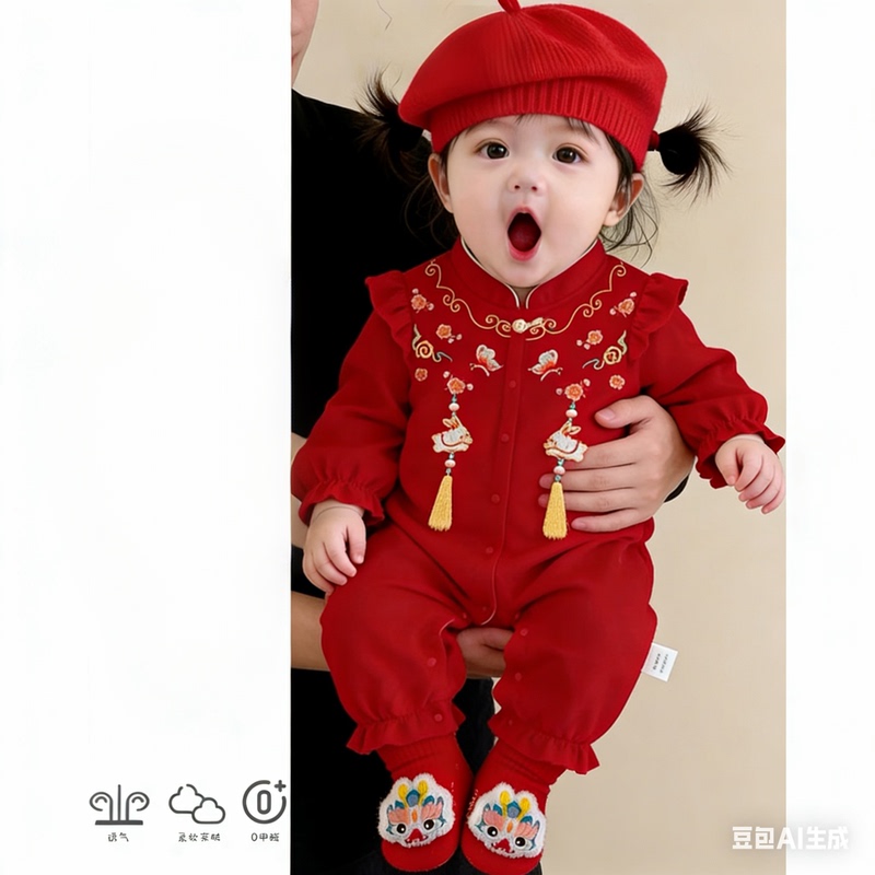 Spring Newborn Festive Red Embroidered Romper, Baby Full-Month Outfit, Baby Crawling Suit for Going Out