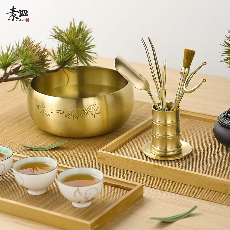 Brass Tea Ceremony Six Gentlemen Set Kung Fu Tea Set Accessories Grand Complete Brewing Tea Tool Tea Clip Tea Knife Tea Wash 6 Gentlemen
