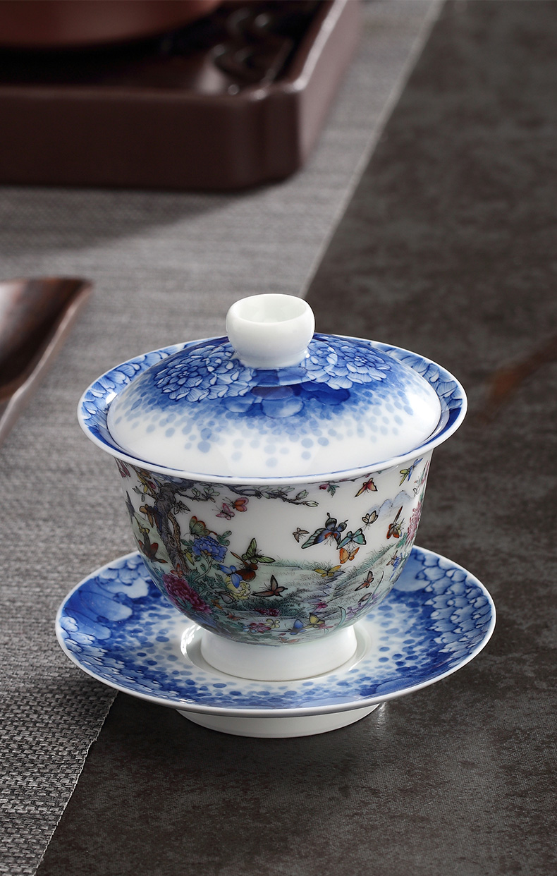 Yu ware jingdezhen blue and white only three hand - made ceramic checking 108 butterfly tureen kung fu tea set art collection