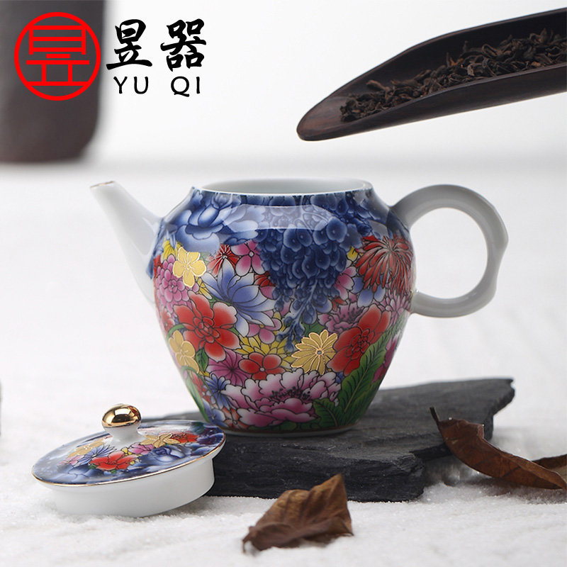 Yu machine ceramic flower splendid side put the pot of kung fu tea tea colored enamel paint shih pot of blue and white porcelain teapots