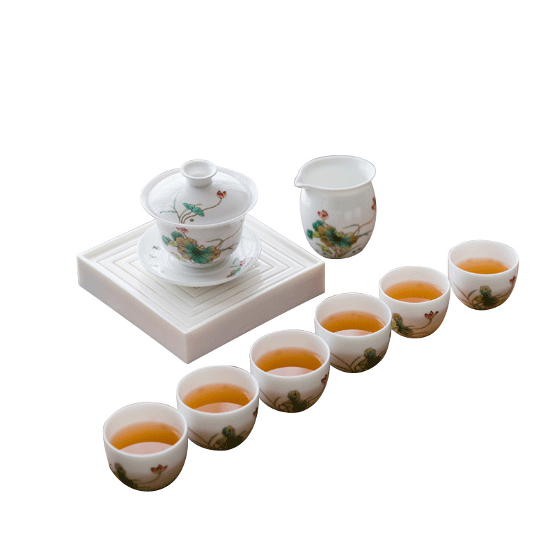 Yu ware jingdezhen ceramic hand - made pastel tureen suit jade mud of a complete set of tea cups kung fu tea gift box packaging