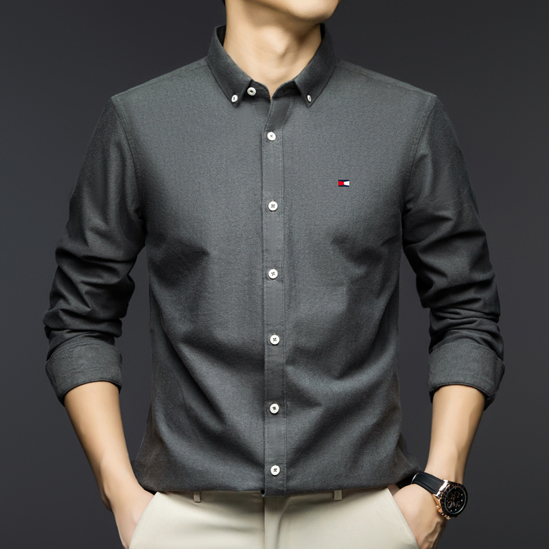 Authentic American Tommy Long-Sleeved Shirt for Men, Young and Middle-Aged, Oxford Cotton, Non-Iron, Brushed Business Casual Shirt