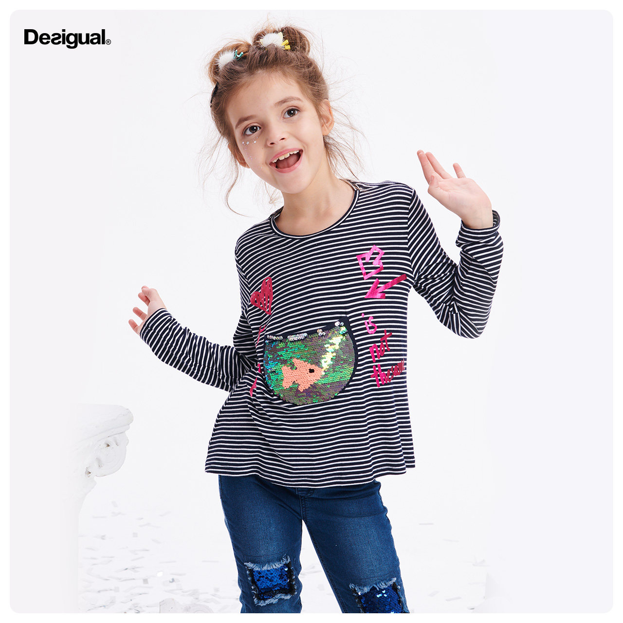Desigual Children's clothing autumn Girls double-sided printing goldfish pattern Sequined striped long-sleeved T-shirt