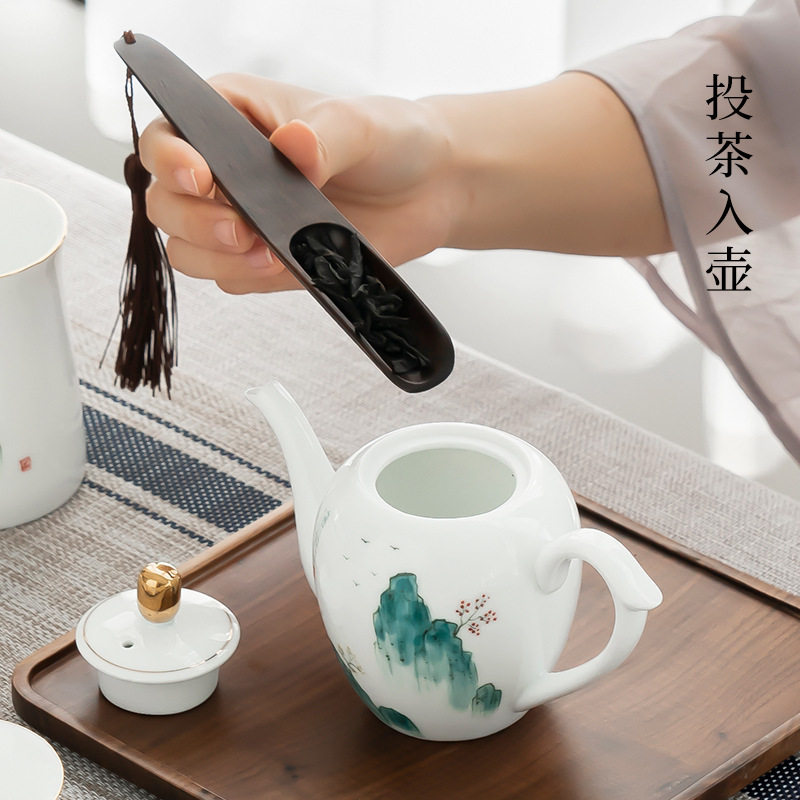 Guochao White Porcelain Hand-painted Landscape Teapot Suit Single Big Number Home Tea Set Ceramic Cover Bowl Gift Logo festival-Taobao