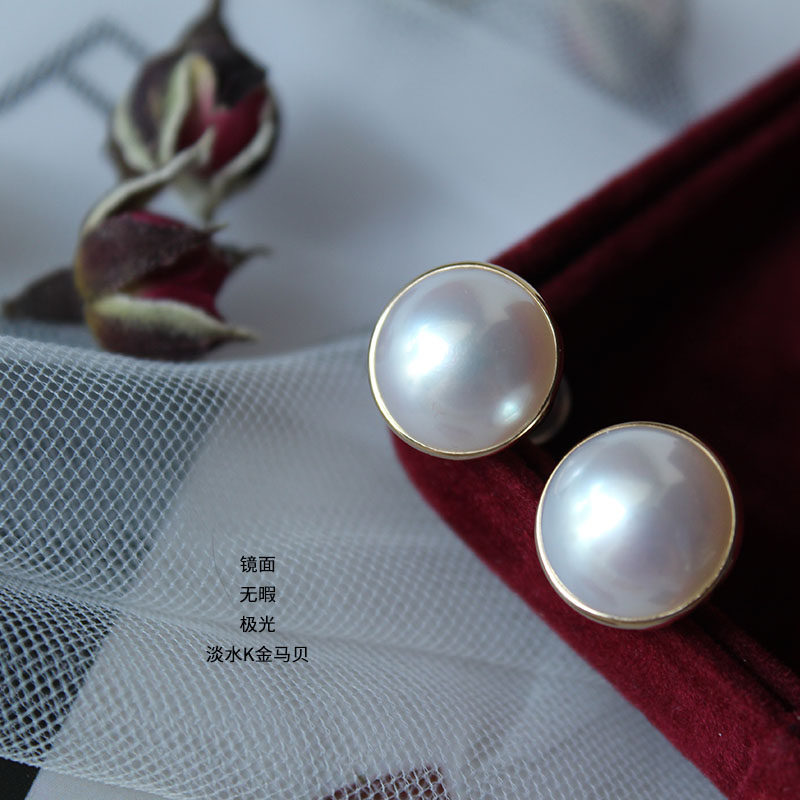 Freshwater pearl mabe ear needle mabe beads flawless luster good 18K high quality retro style royal hepburn earrings