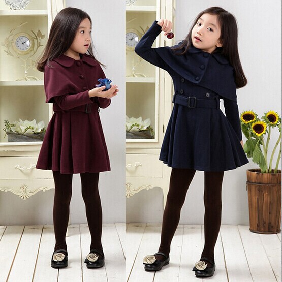 Korean Style Pleated Quilted New Spring and Autumn Clothing, Girls' Trench Coat Dress, Older Children's Shawl Coat Autumn Dress