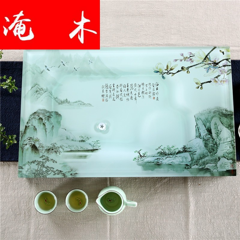 Flooded wooden household I and contracted a rectangle toughened glass tea tray was suit coloured glaze ceramic kung fu tea tea
