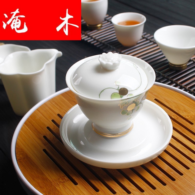 Flooded the wooden hand grasp suet jade only three tureen individual household ceramics kung fu tea set large dehua white porcelain cups