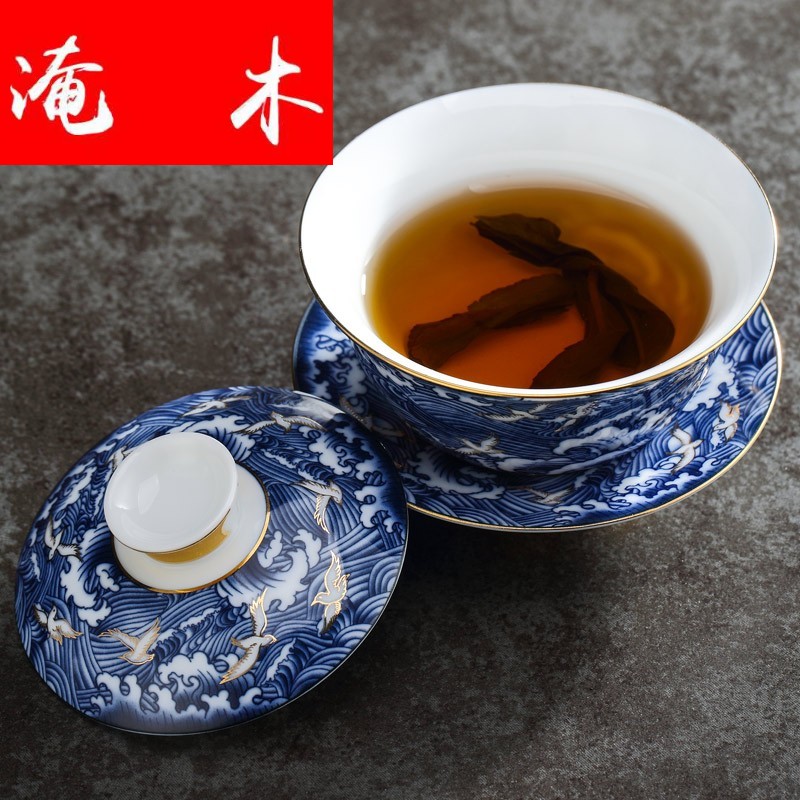 Submerged wood retro tureen household checking ceramic cups tea only three large bowl of blue and white porcelain enamel see kung fu