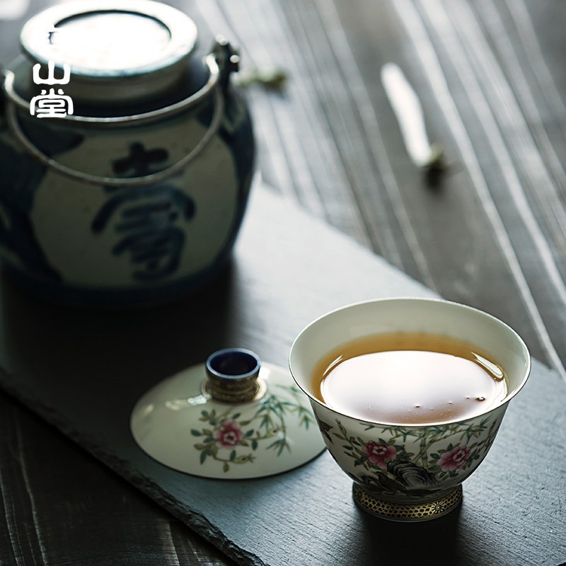 Submerged wood capacity up enamel tureen of jingdezhen ceramics manual colored enamel paint three bowl hand - made tea set