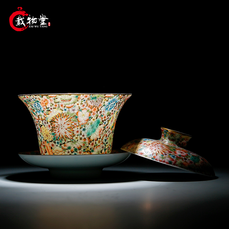 Submerged wood hand - made paint famille rose flower is kung fu tureen only three bowls of jingdezhen tea service suit bag mail tea bowl