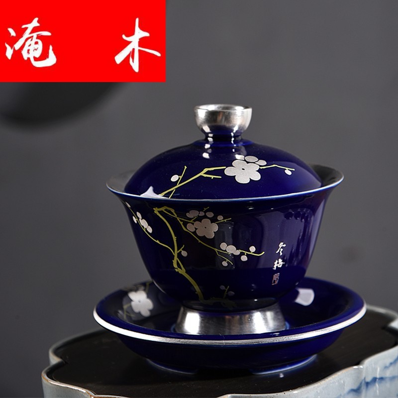 Flooded jingdezhen wood household tureen ji LAN silver ceramic glaze coppering. As kung fu tea cups three of the bowl silver tureen