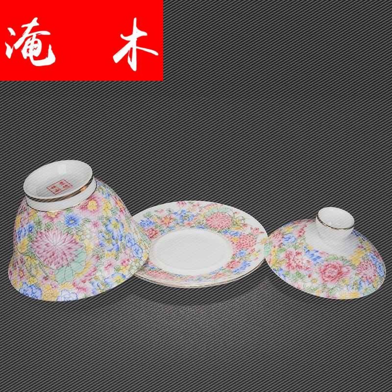 Submerged wood tureen tea cups of jingdezhen ceramic tea set, grilled spend three to cup hand - made famille rose flower bowl