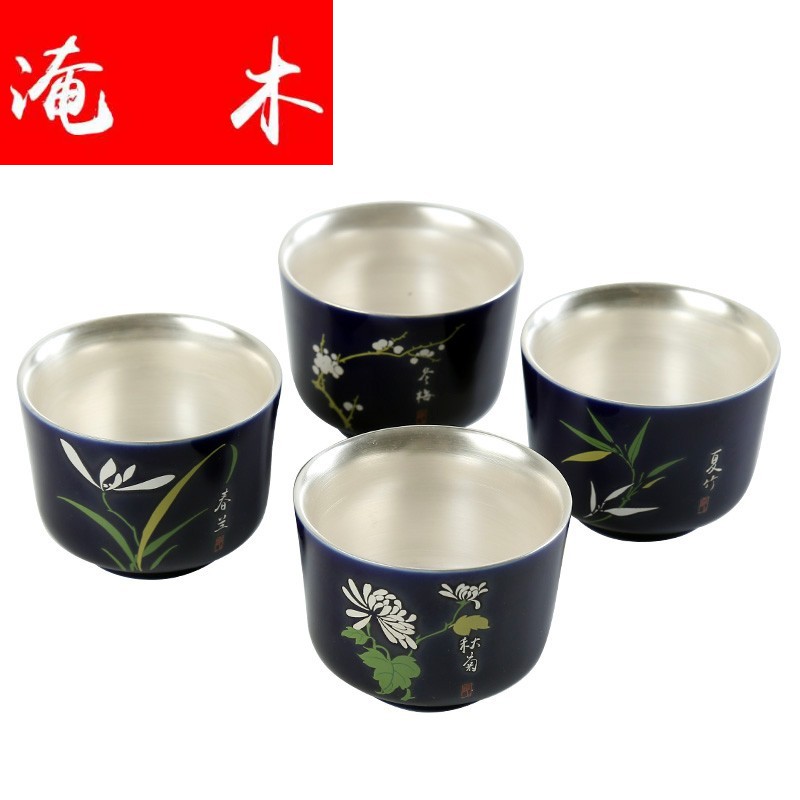 Submerged wood 999 sterling silver ceramic bowl master cup of large single CPU coppering. As silver enamel kung fu tea tea tea set
