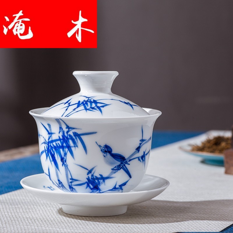 Submerged wood jingdezhen hand - made tureen kung fu tea cups of blue and white porcelain ceramic bowl large manual three bowls