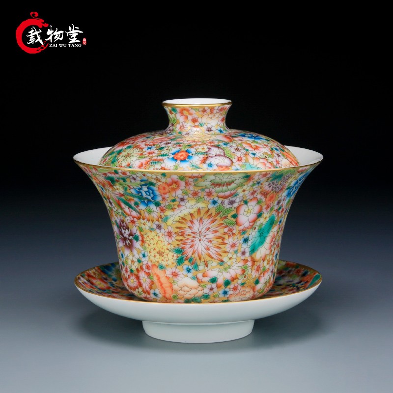 Submerged wood hand - made paint famille rose flower is kung fu tureen only three bowls of jingdezhen tea service suit bag mail tea bowl
