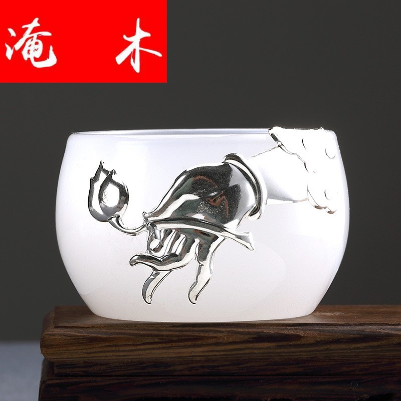 Flooded the wooden hand white porcelain individual small single CPU kung fu tea set with silver cups tea master sample tea cup of household ceramics
