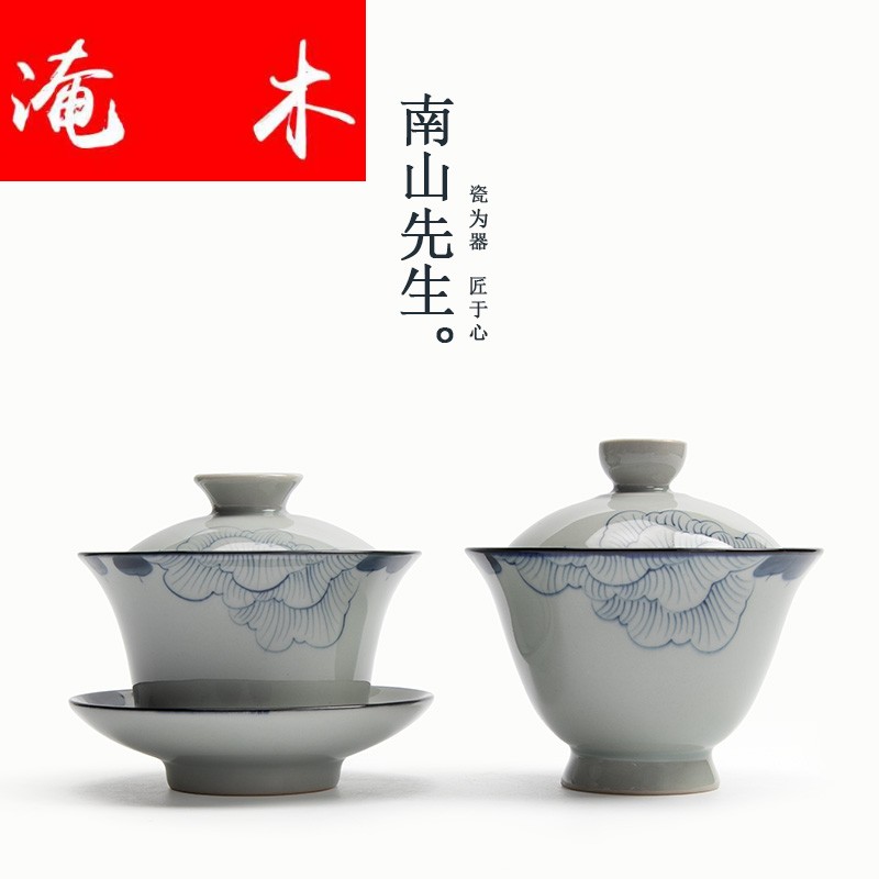 Submerged wood | hand - made lotus blue and white tea cup tureen archaize ceramic tea set three bowl of tea by hand to use
