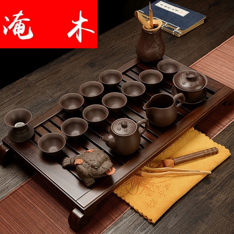 Flooded purple sand pottery and porcelain of a complete set of household solid wood ebony wood tea tray was Chinese tea tea art kung fu tea set