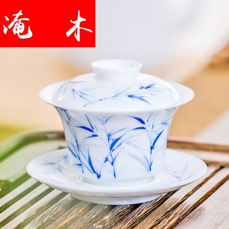Submerged wood white porcelain tea tureen three to great tea bowl large kung fu in ancient Chinese hand - made teacup home worship