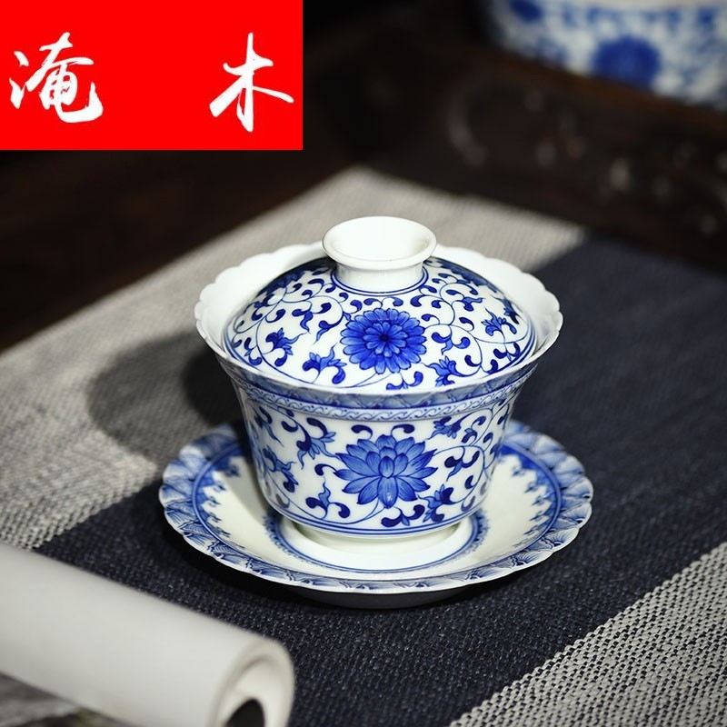 Submerged wood carved porcelain of jingdezhen ceramics bound lotus flower all hand only three tureen kung fu tea bowl of tea