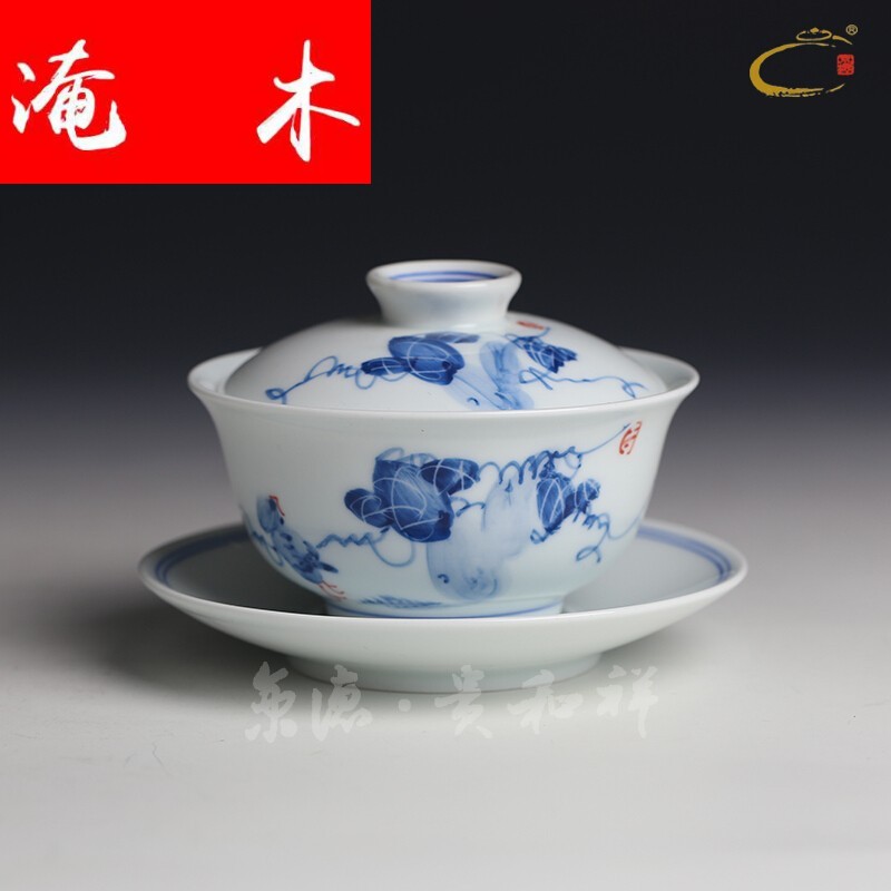 Submerged wood three just tureen jingdezhen blue and white large hand - made ceramic kung fu tea set to use archaize tureen cup