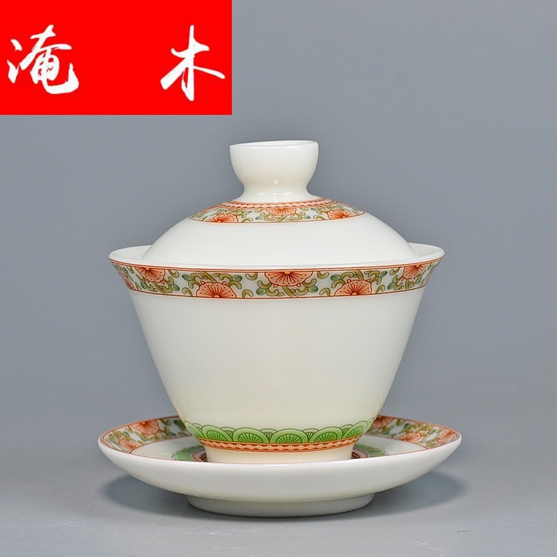 Submerged wood dehua white porcelain tureen large ceramic tea tea cups household kung fu tea set white porcelain three of the bowl