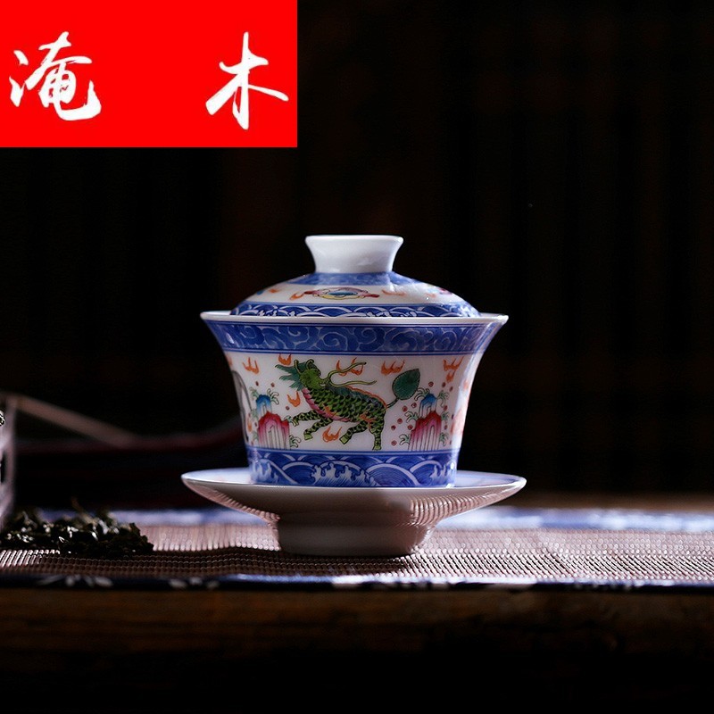 Flooded, rhyme tureen large ceramic tea set tea cups jingdezhen hand - made pastel three of the bowl bowl HX