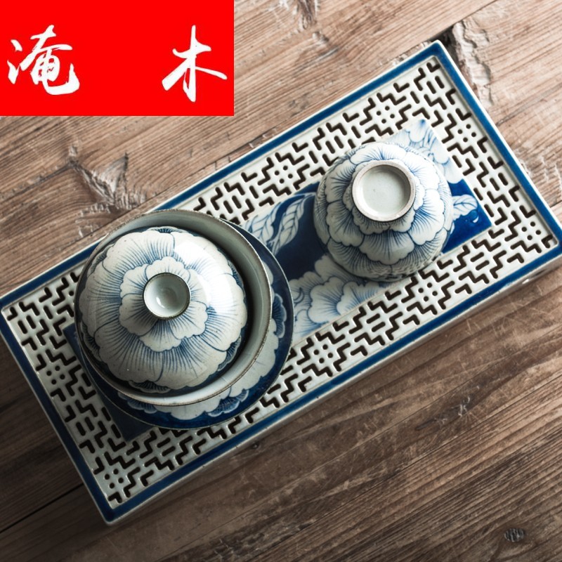 Submerged wood antique blue - and - white hand - made peony Chinese style restoring ancient ways tureen ceramic tea set three cups to tureen tea bowls