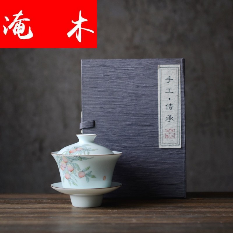 Flooded peach wood issue a moment of jingdezhen hand - made three cup water chestnut tureen shadow celadon tea cup hot enamel